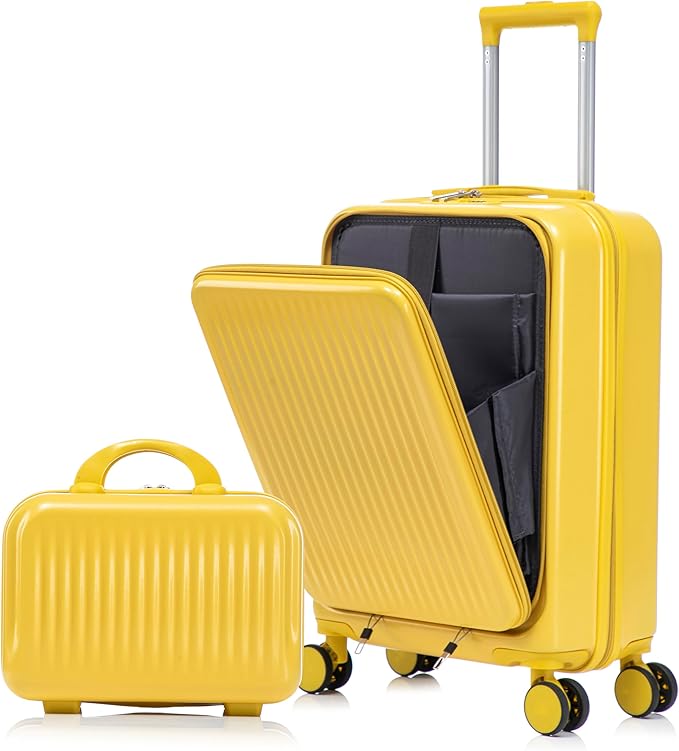 2 Pcs ABS Spinner Luggage Set - 14" Cosmetic Case & 20" Carry-On with Combination Lock, Front Opening Design, Yellow