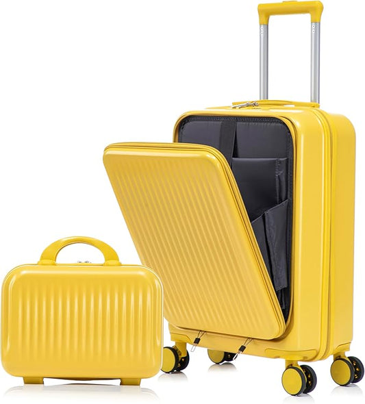 2 Pcs ABS Spinner Luggage Set - 14" Cosmetic Case & 20" Carry-On with Combination Lock, Front Opening Design, Yellow