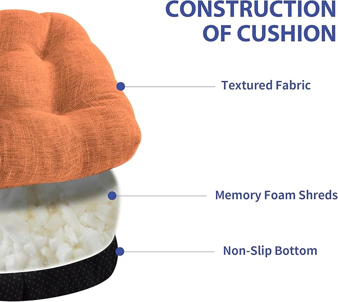 Chair Cushions for Dining Chairs Set of 4, Kitchen Chair Cushions, Chair Pads with Ties and Non Slip Backing, Tufted Memory Foam Seat Cushion 4 Pack, 15.5" x 15.5" x 4", Orange