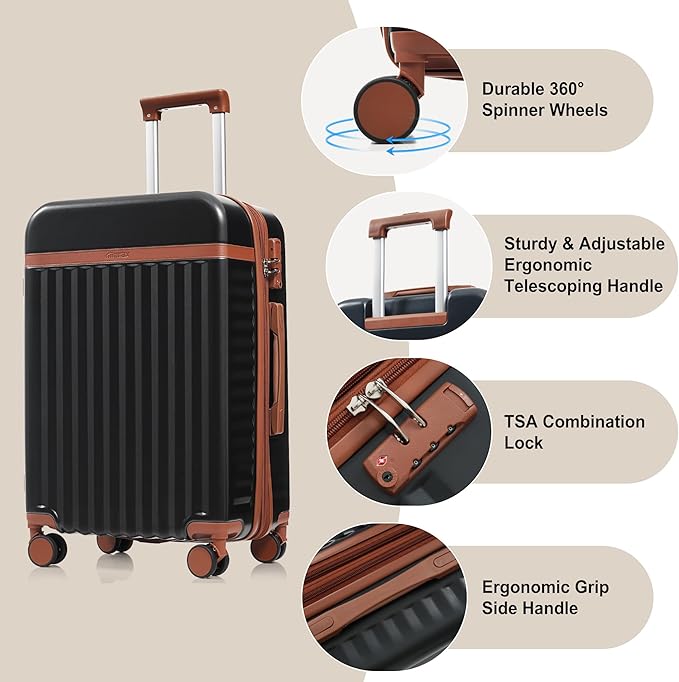 Hardshell Luggage, Lightweight Suitcase with Spinner Wheels, BLACK+USB