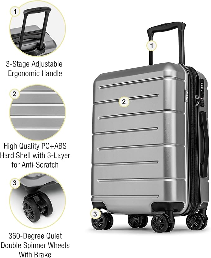 KYME Carry On Luggage 22x14x9 Airline Approved Hardshell 20 Inch with TSA Lock Carry On Suitcase with Wheels Small Travel Rolling Luggage with Cup Holder for Women Men Silver