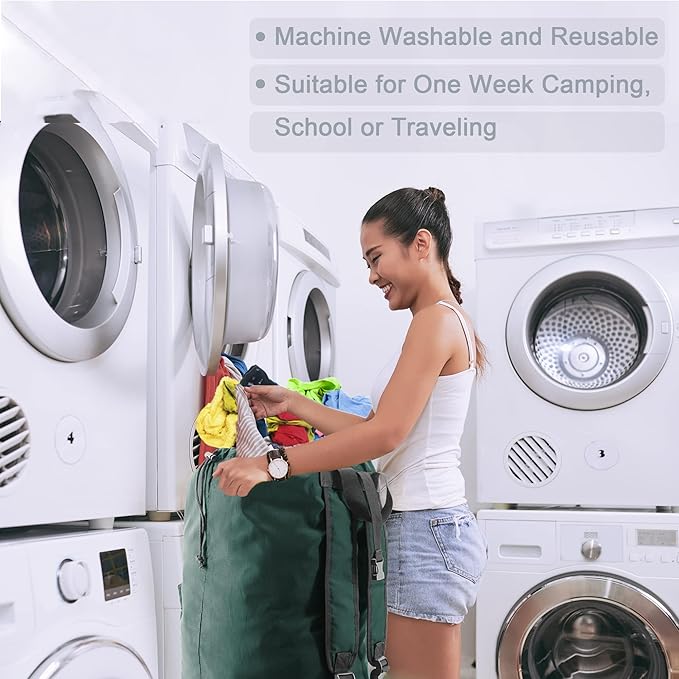 BeeGreen Laundry-Bag-Backpack-Heavy-Duty, Green Nylon Drawstring Portable Laundry Backpack Tall Foldable Extra Large Dirty Clothes Travel Bag with Handle College Dorm Apartment Essentials