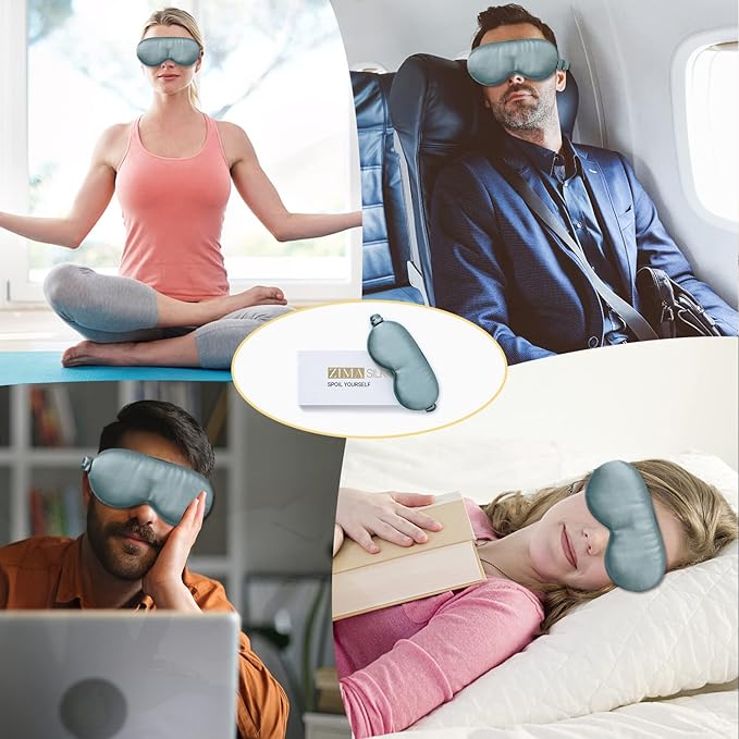 ZIMASILK Adjustable 22 Momme 100% Mulberry Silk Sleep Mask, 3D Contoured Cup Eye Mask for Sleeping, Super Soft Breathable Blindfold, Perfect Blocks Light for Sleeping. (Bluestone)