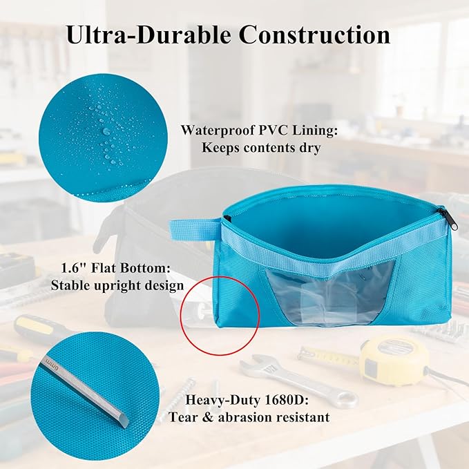 QCWN 4 Pack Tool Pouches with Zipper - 13.7" Heavy Duty 1680D Small Tool Bag with Clear Window - Waterproof Utility Storage Organizer for Electrician, HVAC, Mechanic (Red/Yellow/Blue/Black)