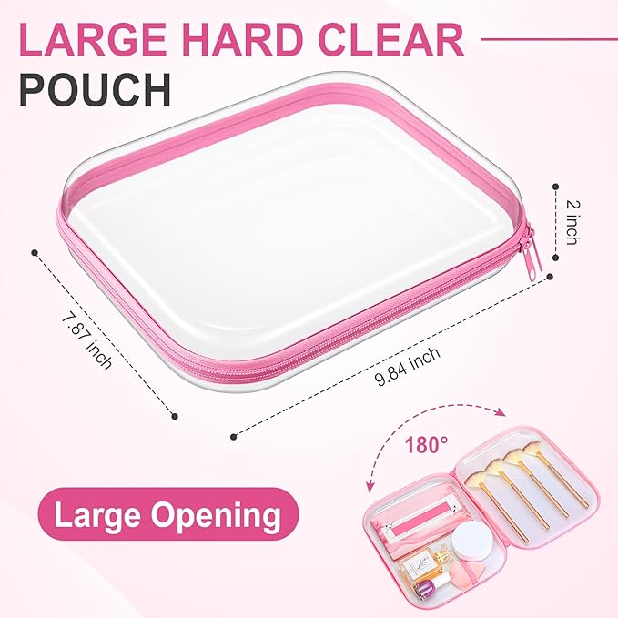 Sanwuta 6 Pcs Clear Hard Zipper Case Plastic Zipper Pouches Transparent Makeup Bag Pencil Case Pouches Toiletry Diaper Bag for Travel Toy Storage Organizer Bins(Pink,9.84 x 7.87 x 2 Inch)