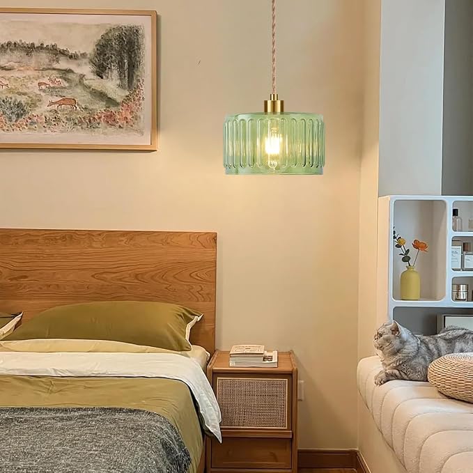 QIYIZM Plug in Pendant Light Hanging Lights with Plug in Cord Boho Hanging Lamp Glass Gold Mid Century Modern Vintage Dimmable Green Flower Plug in Chandelier Ceiling Fixture for Living Room,Kitchen