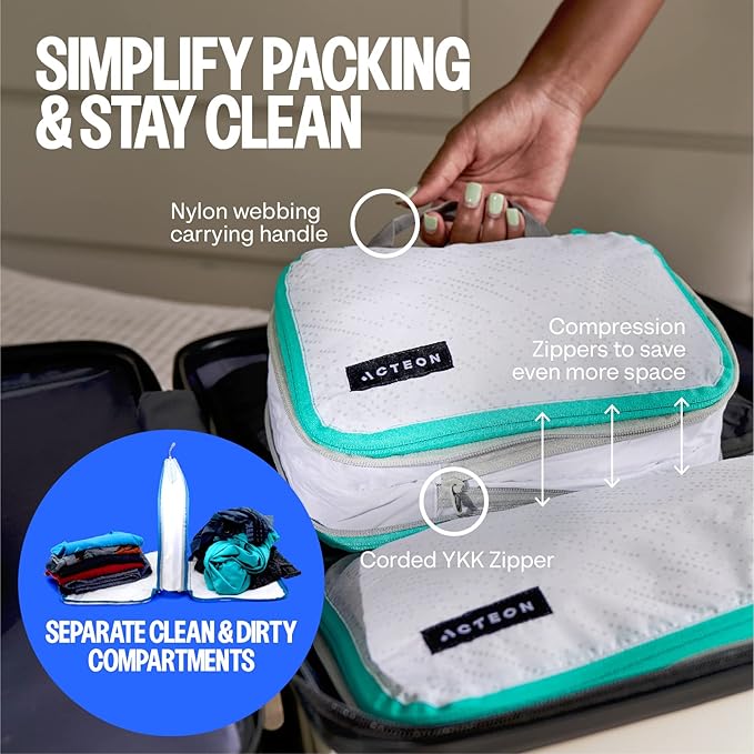 Acteon Compression Packing Cubes - 2 Pack Clean Dirty Separate Zipper - Lightweight Travel Packing Cubes for Luggage - Suitcase Organizer Travel Cubes - Large Small Laundry for Clothes Shoes Makeup