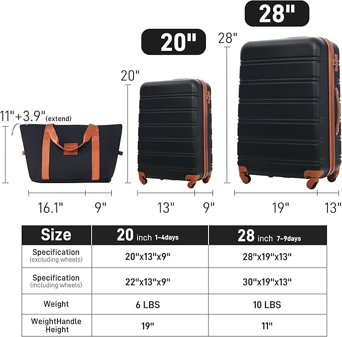 Merax Luggage sets of 3 Piece 20 28 IN Carry on Luggage Hard Case Black and Brown Luggage Expandable Checked Luggage Suitcase Set with Wheels