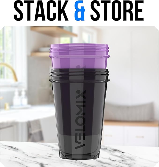 VELOMIX -2 Pack- 20 oz Protein Shaker Bottles for Protein Mixes - 2x Wire Whisk | Leak Proof Shaker Cups for Protein Shakes and Pre Workout | Protein Shaker Bottle Pack (Purple/Black)