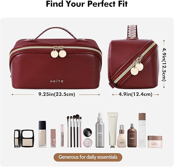 Prite Makeup Bag for Women Travel Waterproof Vegan Leather Cosmetic Bag Open Flat Toiletry Bag With Clear Divider and Handle (Dark Red)