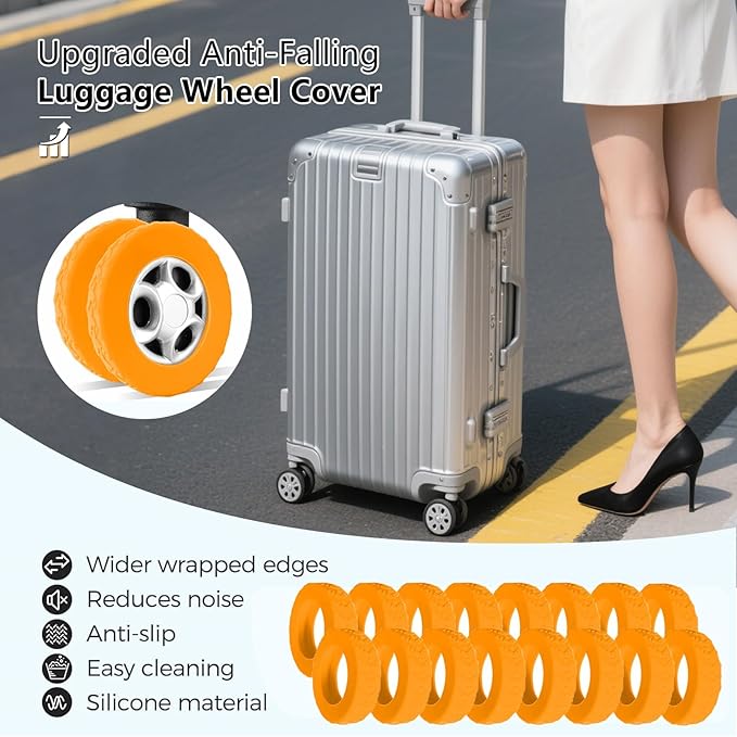 16 Pcs Upgrade Luggage Wheel Covers,Silicone Luggage Wheel Cover, 2-2.4 inches Carry-On Suitcases Office Chair Caster, Scratch-Resistant and Noise-reducing design, Essential Travel Accessories(Orange)