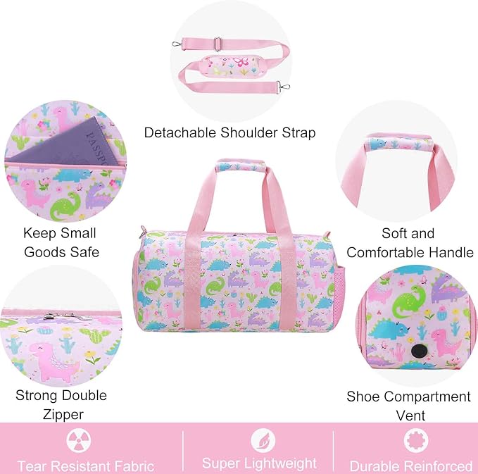 Gym Travel Duffle Bag for Girls - Gymnastics Sports Dance Bag with Shoe Compartment & Wet Pocket Dinosaur Kids Travel Bag Teens Weekender Sleepover Carry On Bag