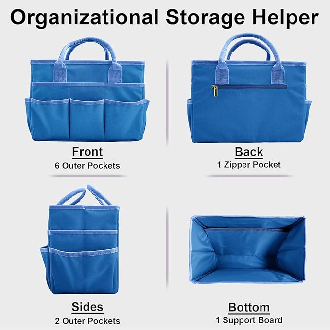 Cupohus Art Organizer Craft Storage Tote Bag with Pockets and Handles, Oxford Fabric Carrying Caddy for Teacher, Officer, Artist, Traveler, and more –Blue