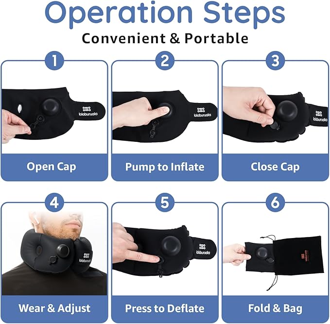 Inflatable Neck Pillow, Portable Travel Neck Pillow Airplane, Storable Black Neck Pillows Travel with Washable Cover, Adjustable Air-Fill Support
