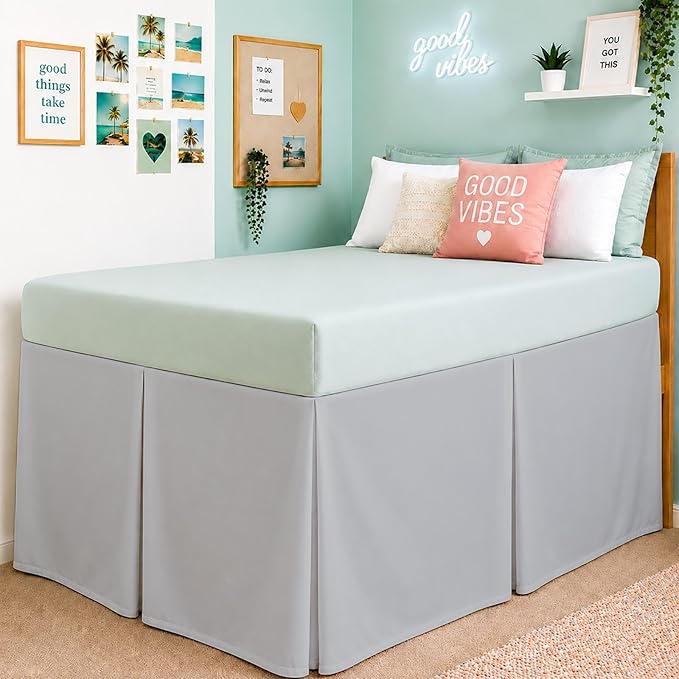 Cottington Lane Tailored Box Pleated College Dorm Bed Skirt Twin XL, Hotel Quality Premium Brushed Microfiber Extra Long Bedskirt Twin XL 30 Inch Drop, Light Grey Dorm Bedding