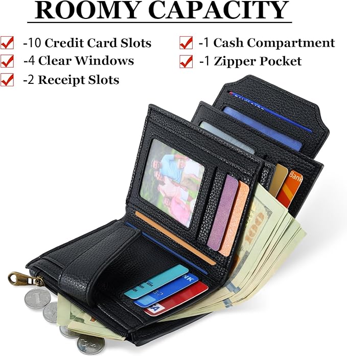 Airkit Small Wallet Women RFID Blocking Soft Leather Bifold Compact Card Holder Wallet for Women with Zipper Coin Pocket 4 ID Window