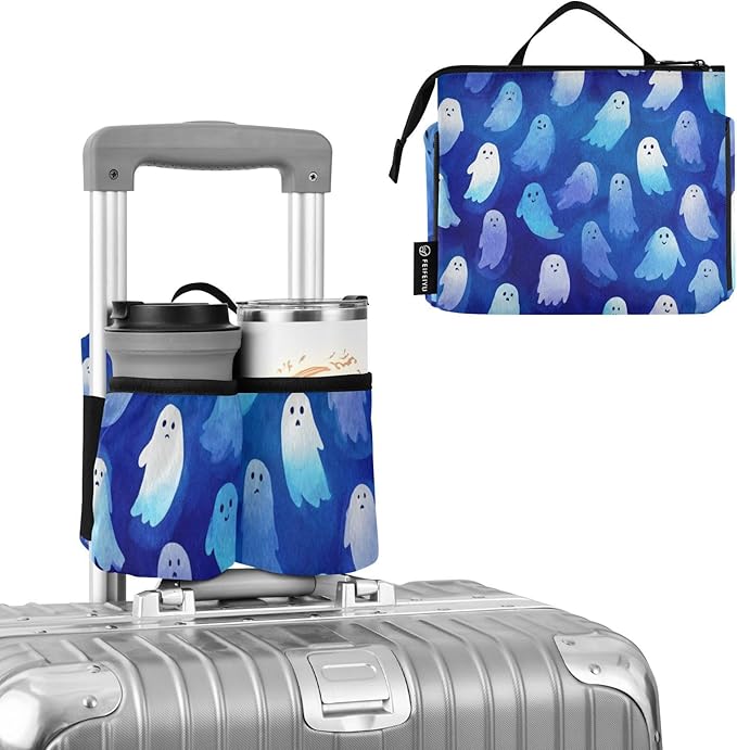 Luggage Cup Holder for Suitcases Free Hands Travel Cup Holder Portable Suitcase Cup Drink Holder Luggage Cup Caddy Bag Carrier Watercolor Halloween Ghost Blue