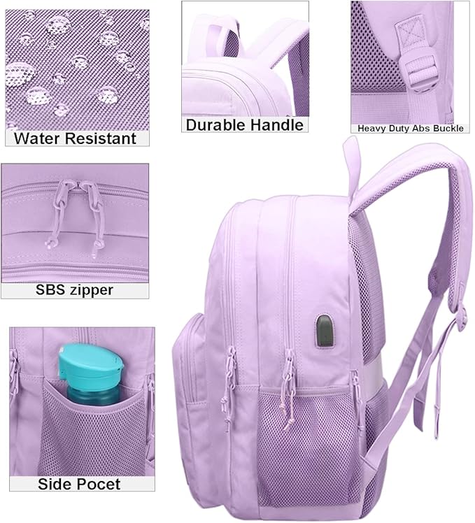 KEOFID Classic Travel backpack for Men and Women, Anti Theft Laptop Backpack with USB Charging Port for Work, Large Bag for College, Water Resistent(Purple)