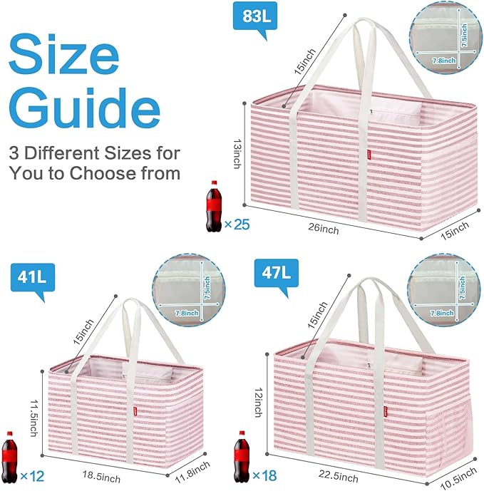 LHZK Standing Extra Large Utility Tote Bag with Metal Wire Frame and the Sides Rinforced, Extra Large Tote Bag with Handle, Reusable Grocery Bags Foldable, Beach Bag, Car Tote (Pink)