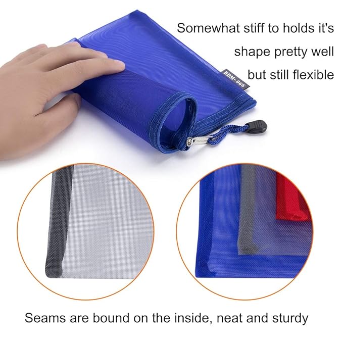 HRX Package Nylon Mesh Cosmetic Bags Zippered, 6PCS A5 Makeup Travel Cases Organizer Pouches for Purse Diaper Bag Office Stationery (7x9.4 inch)