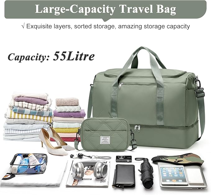 Extra Large Travel Duffle Bag,Carry on Overnight Bag with Shoes Compartment,Weekender Bags for Women for Travel Business Trips Sport Hospital,3 Pcs Set,Green
