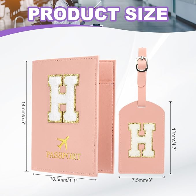 PATIKIL Passport Holder for Travel, Initial Passport Cover and Luggage Tag Set with Alphabet Chenille Letter Patch Travel Wallet Bag Suitcase Identifier for Women Family Travel Pink H