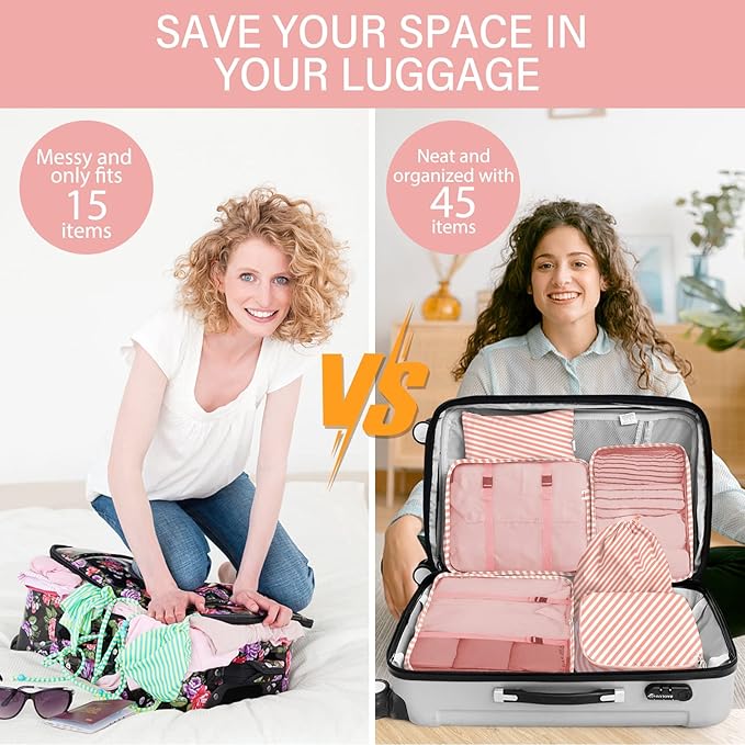KPX 8 Set Packing Cubes for Travel, Luggage Packing Organizers Accessories Large Toiletries Bag for Clothes Shoes Cosmetics (Pink Strips)