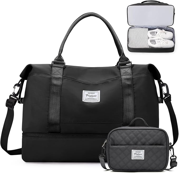 Weekender Bags for Women,Personal Item Travel Bag with Shoes Compartment,Overnight Travel Duffel Bag with Grid Toiletry Bag,Extra Large,Black