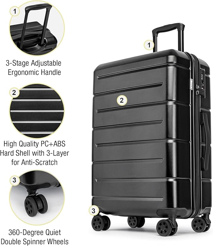 KYME Luggage Sets 2 Piece Suitcase Set Hardshell 20 inch/24 inch Luggage with Spinner Wheels Hardside PC+ABS Checked Large Suitcase with TSA Lock for Men Women Black
