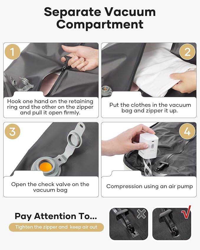 VECAVE Vacuum Backpack Travel with Pump, Expandable Personal Item Carry on Backpacks for Women Men, Laptop Waterproof Work Compression bags with USB Casual Daypack Beige