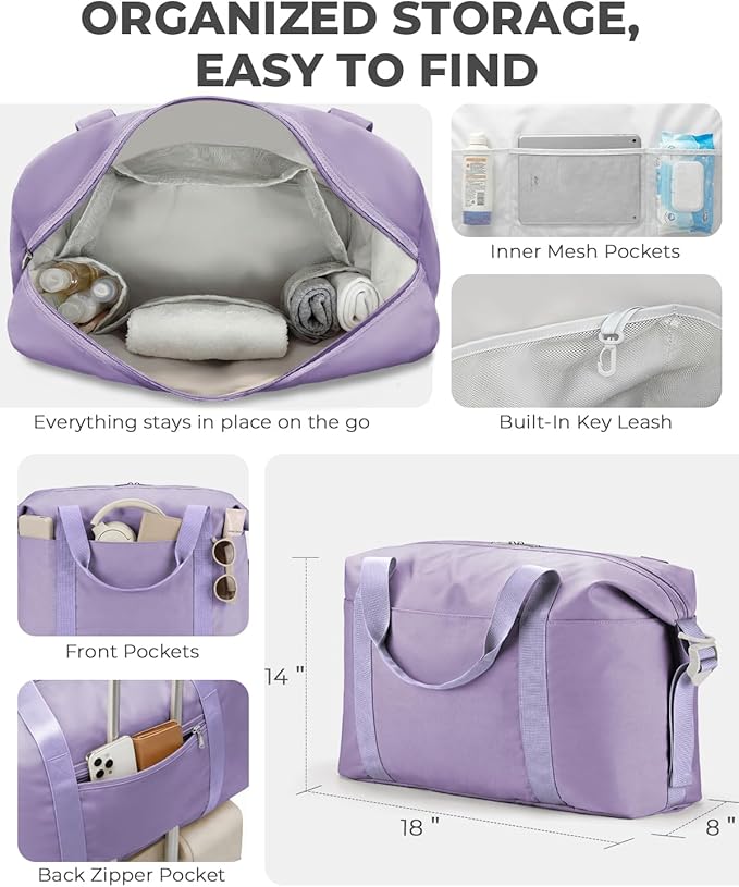 Percover Weekender Travel Duffel Bag for Women, Lightweight Soft-Structure 33L Carry-On, Water-Resistant Nylon with Shoulder Strap & Trolley Sleeve, Personal Item Friendly, Lavender Purple