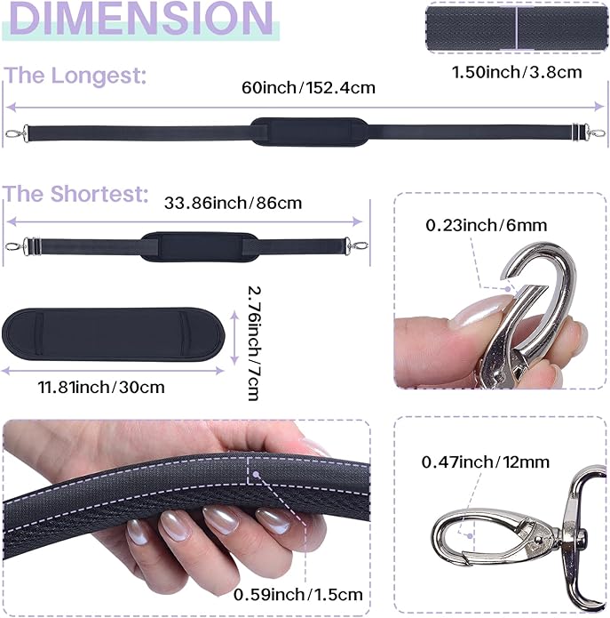 60 Inch Shoulder Strap with Removable Ultra-Thick Pad，Adjustable Buckles and Metal Hooks