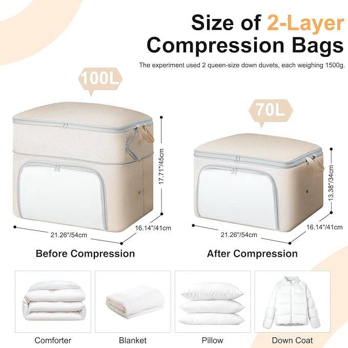 Comforter Storage Bag - Large Capacity Blanket Storage Bags Front-opening Ultra Space Saving Self Compression Organizer, Washable Compression Bags for Storage Comforter Blanket, 1 Pack, Beige