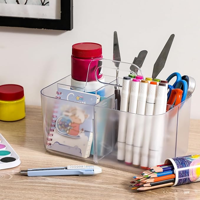 Multiuse Caddy Organizer with Handle, Portable Plastic Tote Bin - Art Craft, Stationary Pen Marker Crayons, Makeup Hair Supplies Storage - Bathroom, Classroom, Dorm, Office, Desk Holder -Frosted Clear
