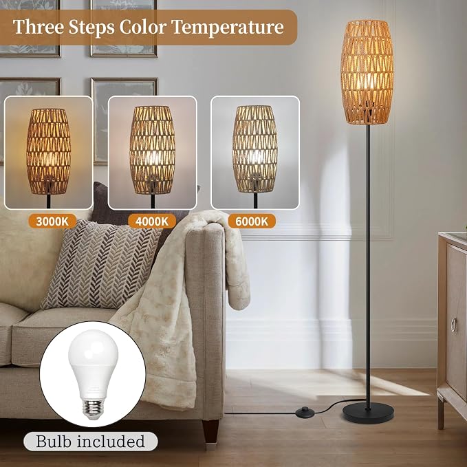 Ruiever Floor Lamp for Living Room,Farmhouse Floor lamp,Modern Standing lamp with Hand-Worked Rattan Shade (Drum Rattan Shade Black Body Color-3 Color Bulb)