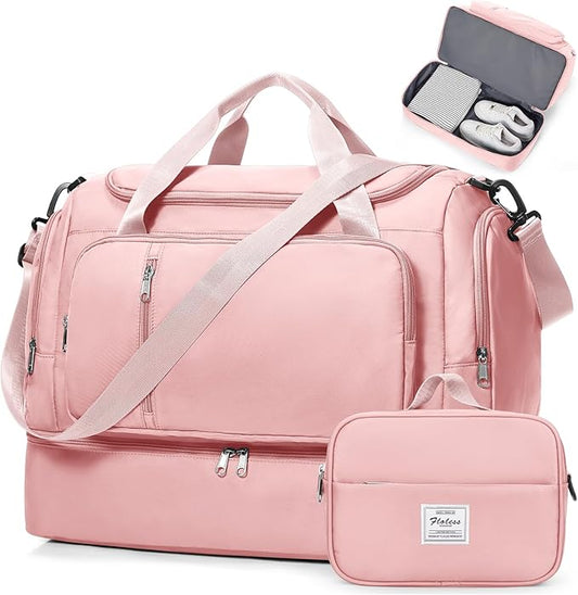 Travel Duffle Bag, Weekender Bags for Women,Overnight Weekend Carry On Personal Item Travel Bag with Shoes Compartment & Toiletry Bag,Pink