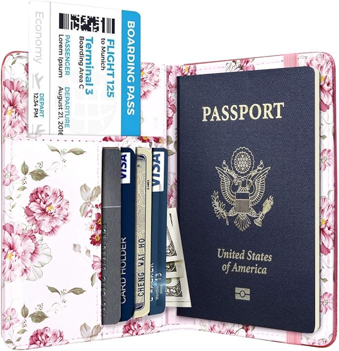 Passport Holder Cover Travel Wallet RFID Blocking Cute Flowers Passport Wallet with Elastic Band for Women,Red