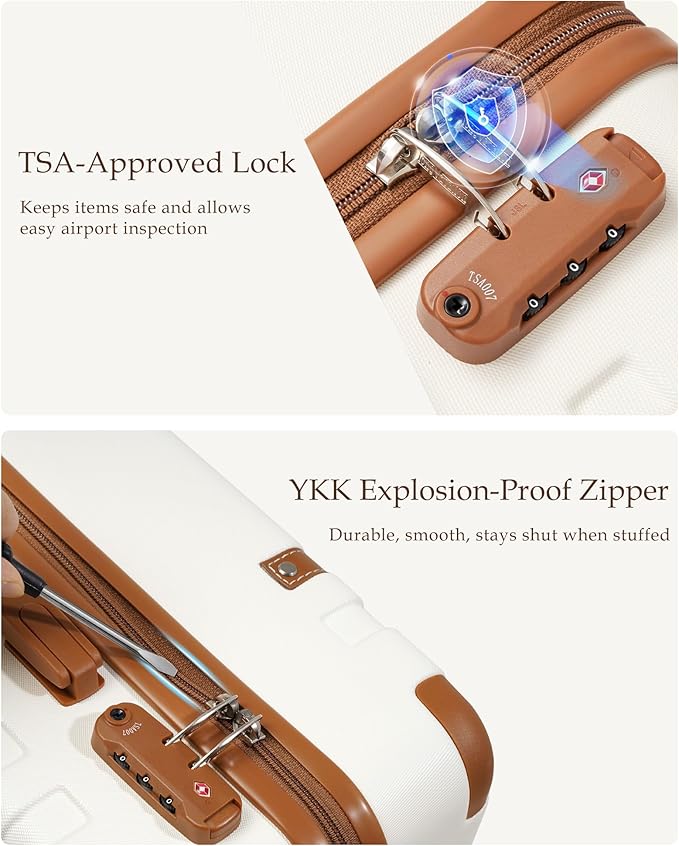 LONG VACATION Luggage Sets 5 Piece, Suitcases With Wheels, PC+ABS Hardshell Luggage Set with Spinner Wheels, TSA Lock (White Brown)