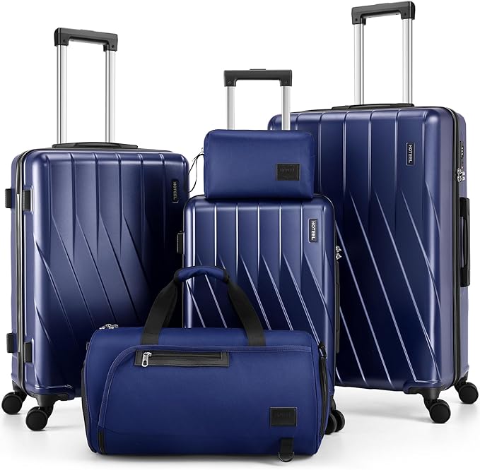 Hoteel Luggage Sets 5 Piece PC Hardside, 4-Year Warranty, Luggage Set with Spinner Wheels, TSA Lock, YKK Zipper, Lightweight Carry on Luggage, 20"/24"/28" Suitcase with Duffel & Organizer, Blue