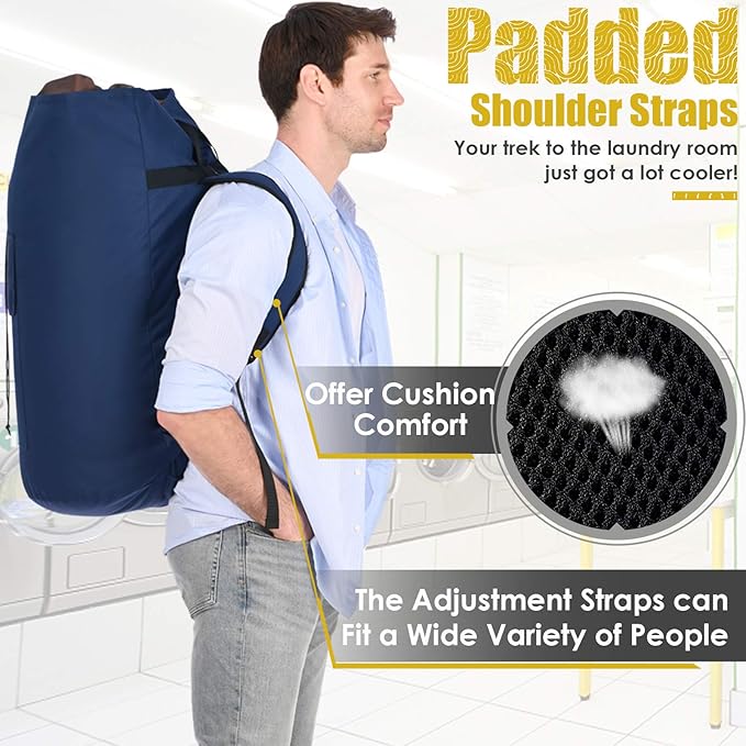 Backpack Laundry Bag, 115L Heavy Duty Extra Large College Laundry Backpack, Dirty Clothes Bag with Shoulder Straps, Laundry Hamper Bag with Drawstring Closure for College Dorm, Apartment Dark blue