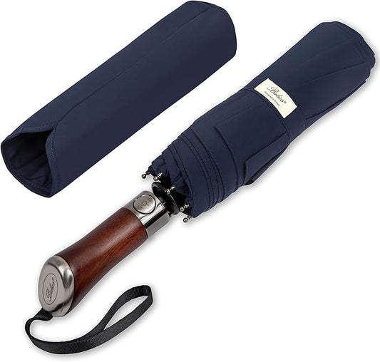 Balios (Designed in UK) Travel Umbrella Luxurious Golden Hardwood Handle Auto Open & Close Windproof Frame Single Canopy Automatic Folding Umbrella Men's & Ladies