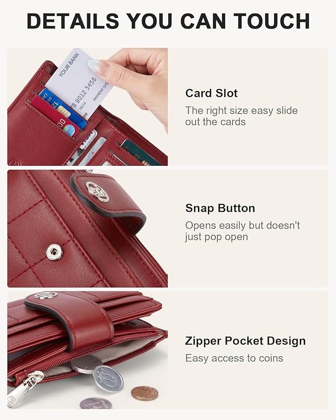 BOSTANTEN Small Wallet for Women Leather RFID Blocking Card Holder Bifold Compact Wallets With Zipper Coin Pocket Wine Red