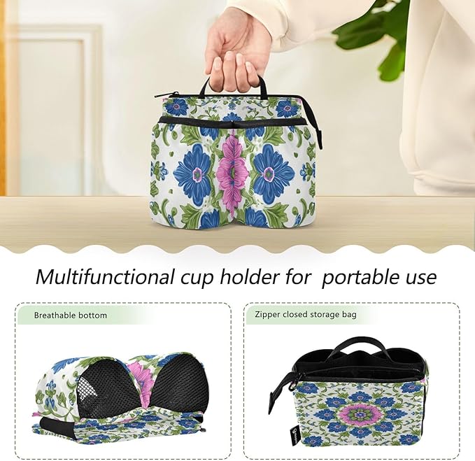 Luggage Cup Holder for Suitcases Free Hands Travel Cup Holder Portable Suitcase Cup Drink Holder Luggage Cup Caddy Bag Carrier Blue Pink Green Mandala Boho Floral