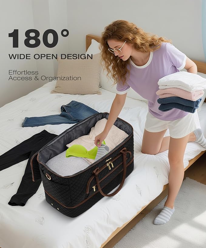 Travel Duffle Bag, Wide Open Large Weekender Bag for Women with Shoe Compartment, Carry on Overnight Bags with Toiletry Bag, Hospital Bag for Women Labor Delivery with Wet Pocket (Black Brown)