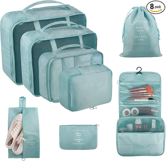 Packing Cubes, 8 Pcs Travel Packing Organizers for Suitcases, Large Capacity Travel Luggage Organizers Set includes 8 Storage Bags, (Light Blue)