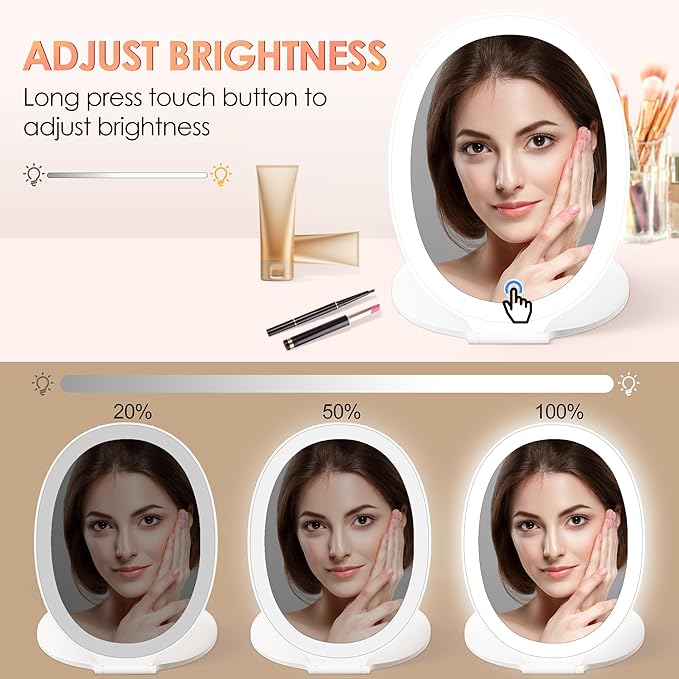 COSYGLOW Travel Makeup Mirror with Light: 3 Color Lighting Portable Mirror with Touch Screen Rechargeable Adjustable LED Lights Hexagon Vanity Mirror for Travel, Desk, Home (Round White)