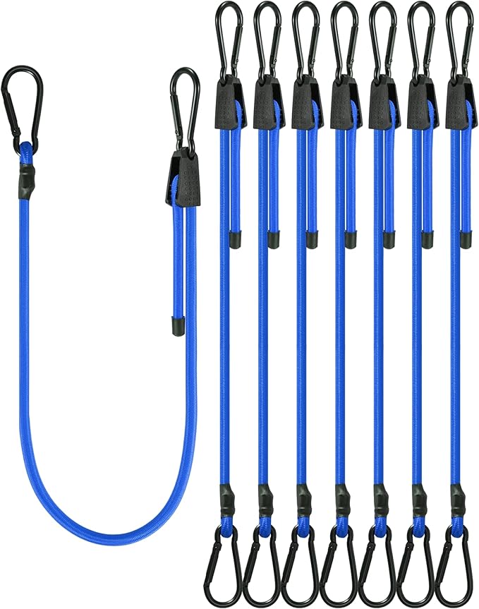 8 Pcs 36 Inch Adjustable Carabiner Bungee Cords with Hooks, Easy to Adjust from 7" to 36", Blue Bungee Straps with UV-Resistance & Superior Elasticity for Cargo, Bike, Luggage, Carts, Truck, etc