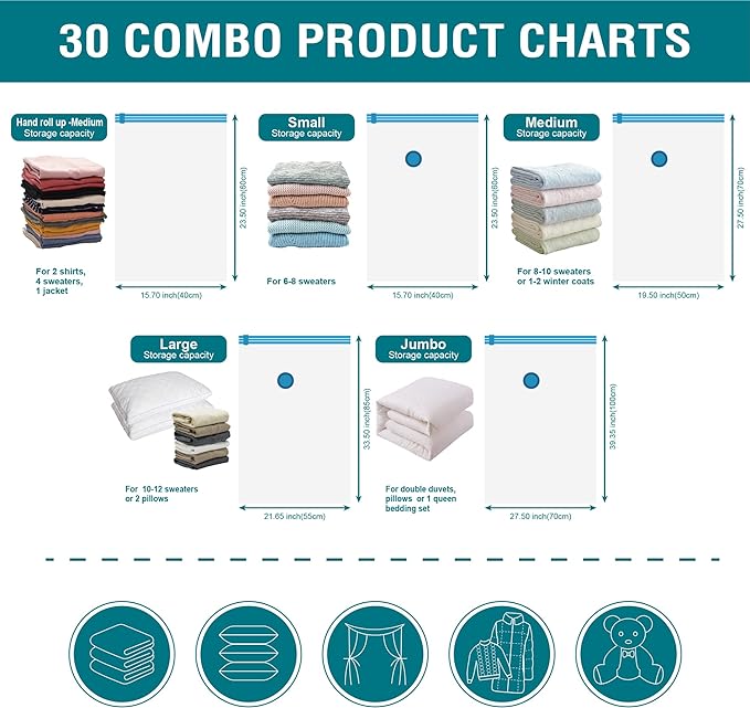 Cozy Essential Vacuum Storage Bags, 80% Compression Vacuum Seal Space Saver Plastic Packaging Bags for Clothes, Blankets, Pillow, Bedding, Comforters, Sealer Clothing Storage,30 Combo