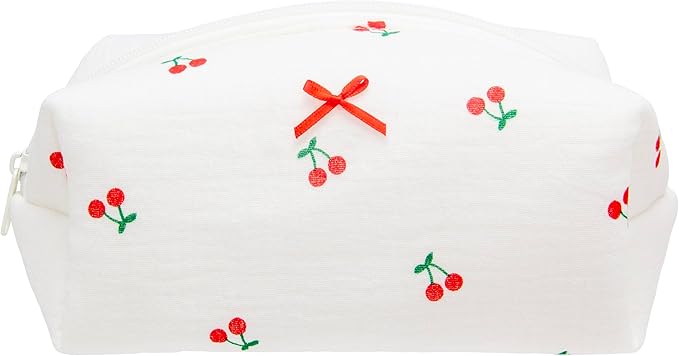 PAZIMIIK Cozy Makeup Bag Small Aesthetic Travel Zipper Cosmetic Pouch for Women Make Up Beauty Accessories Brushes,Cherry White