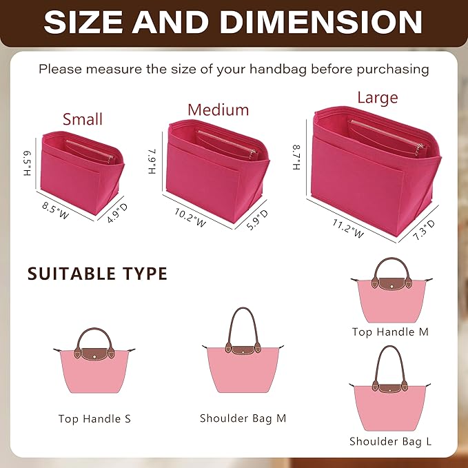 Fit Longchamp Organizer Insert, for Long Champ Le Pliage L Bag Handbag Women, with Cup Holder, Large/Rosy